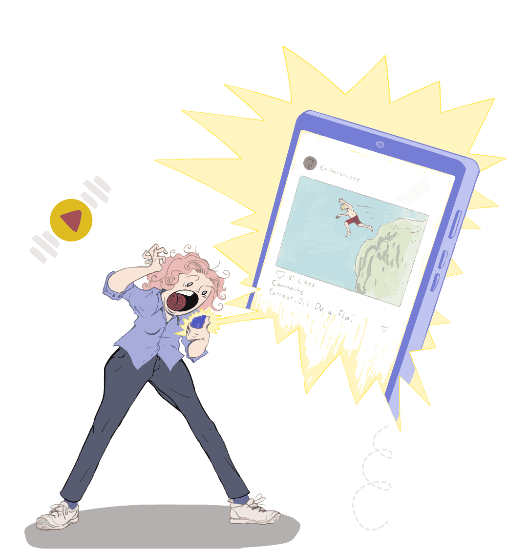 Mother screaming in shock over a photo from her son jumping off a cliff into the water.